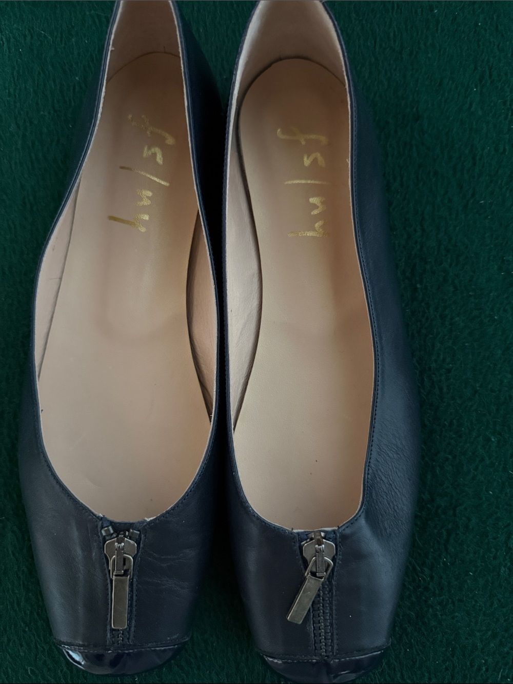 Frye Navy Leather Zip-Front Ballet Flats